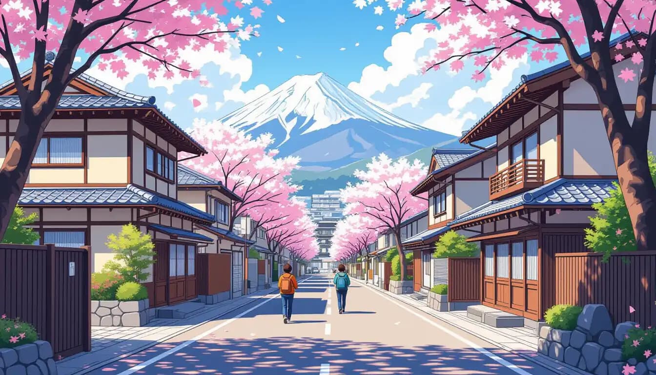 Peaceful Japanese residential street lined with cherry blossom trees and traditional wooden houses