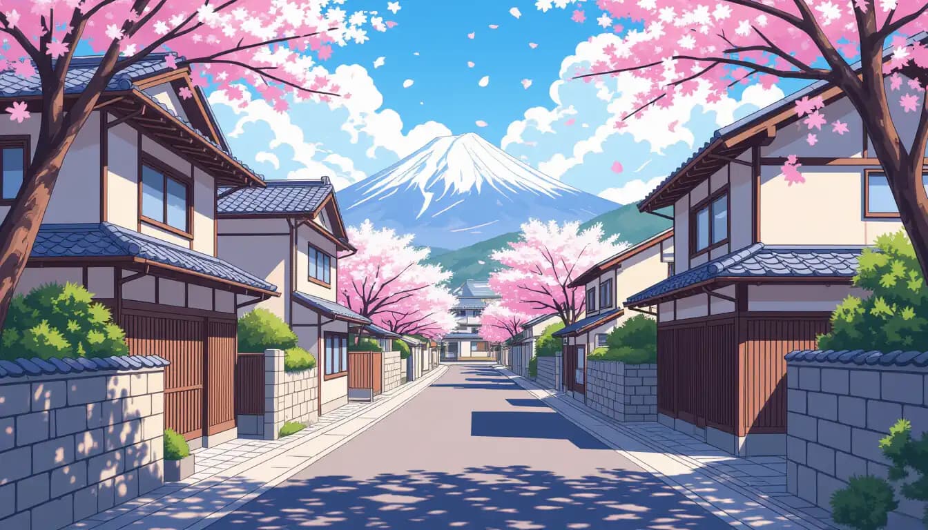 Rural Japanese countryside with traditional farmhouse and mountain backdrop