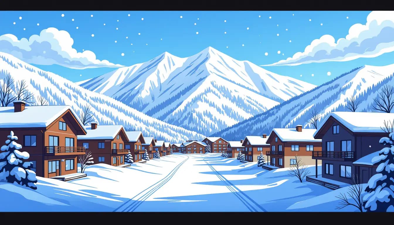 Hokkaido winter landscape with snow-covered mountains and rental properties in Niseko resort area