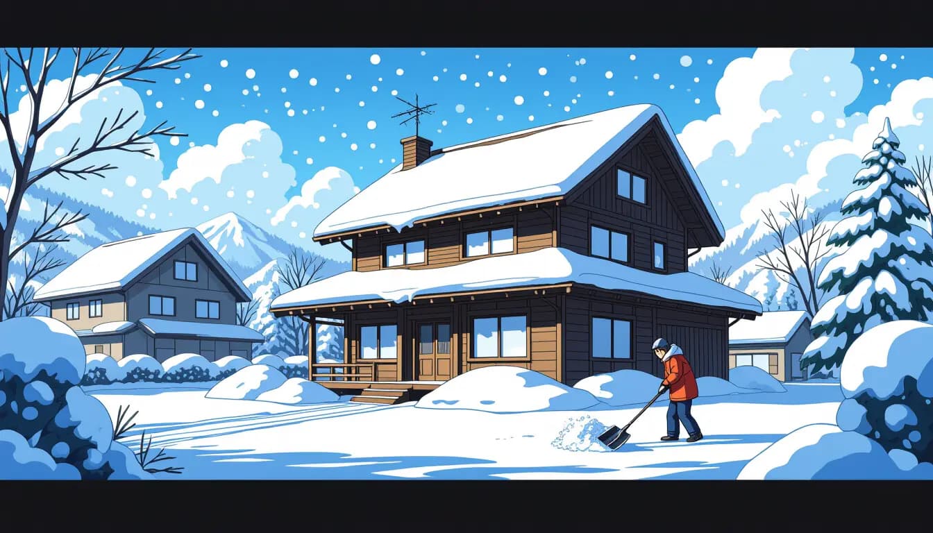 Hokkaido house in deep snow with resident shoveling the driveway in winter