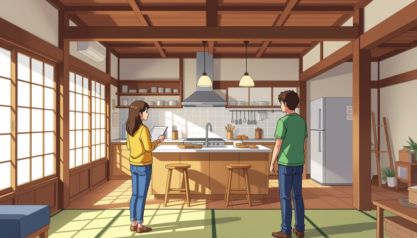 Japanese renovation contractor reviewing blueprints with homeowner