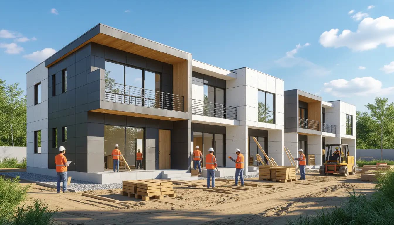 Japan construction workers prefabricated housing modern building