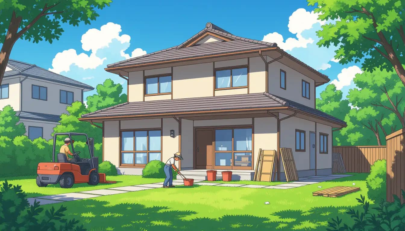 Japanese detached house exterior with garden showing typical maintenance requirements