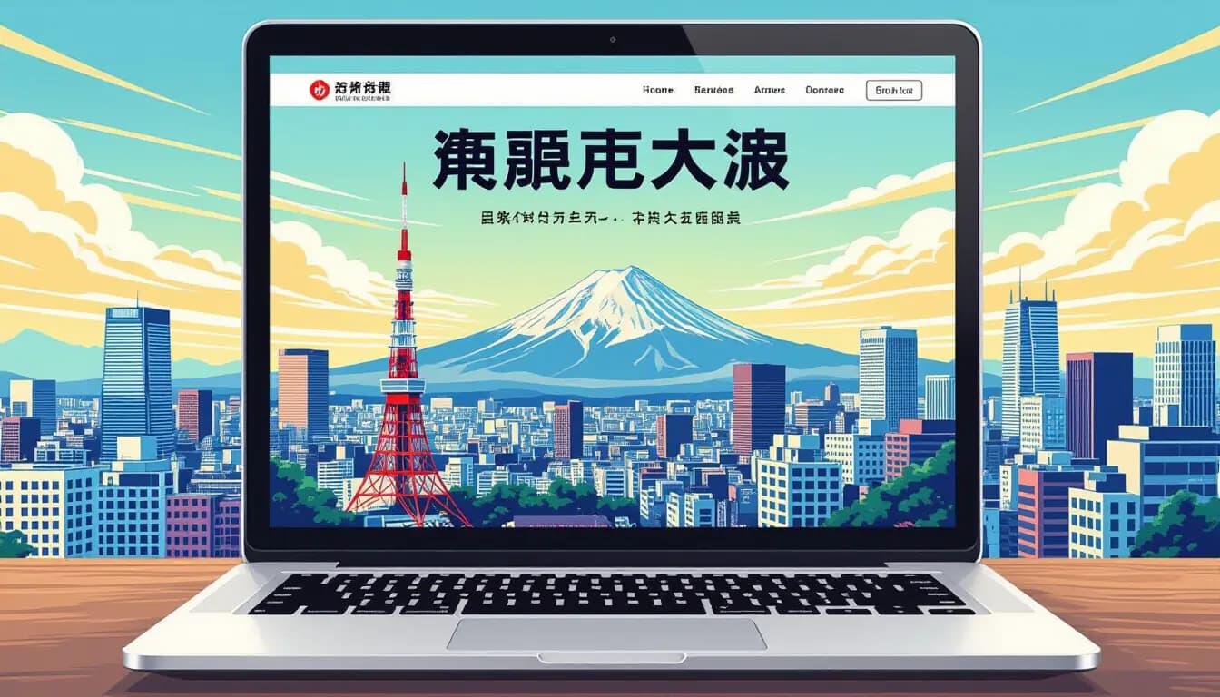 Japan property search websites on laptop screen with Tokyo skyline in the background