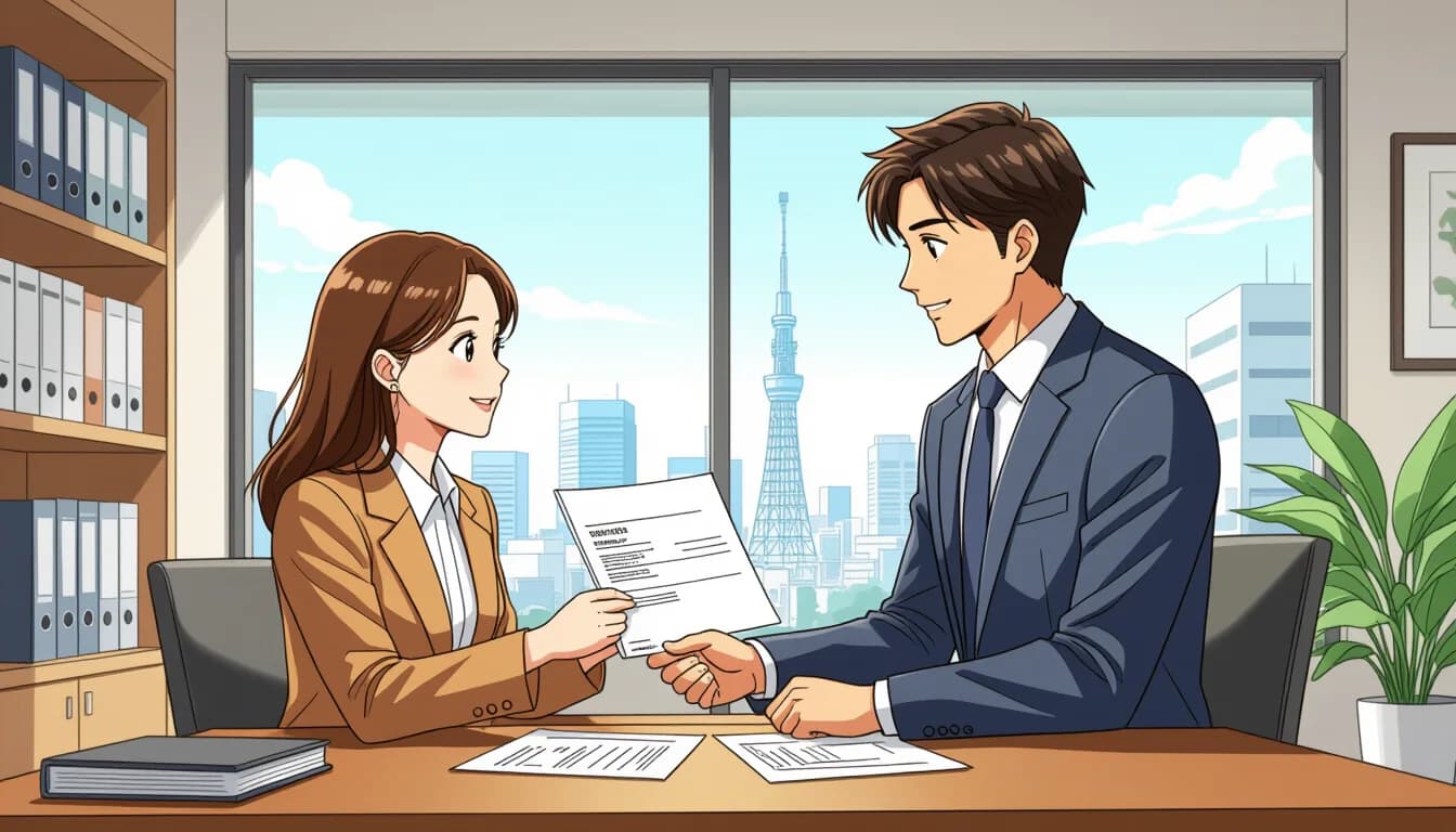 A real estate agent reviewing property documents in Japan
