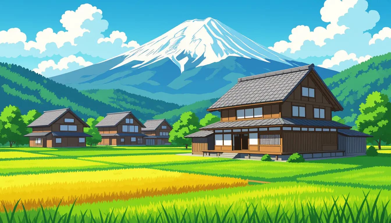 Japanese countryside village with traditional architecture and rice paddies