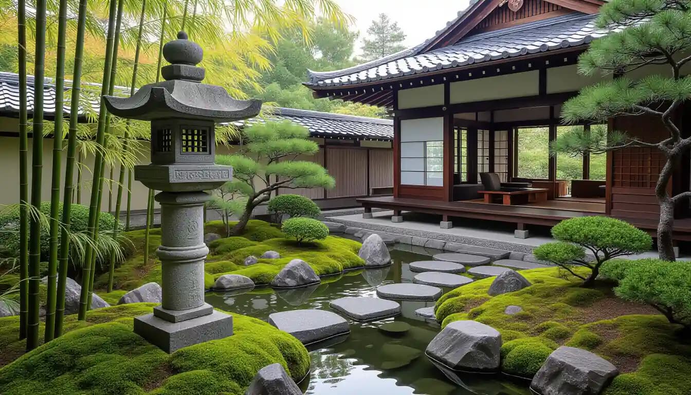 Stone tsukubai water basin surrounded by moss and ferns in Japanese garden