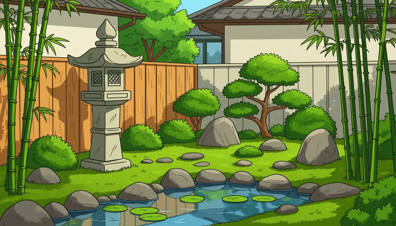 Traditional Japanese residential garden with stone lantern, bamboo and moss