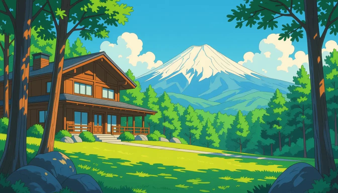 Karuizawa mountain resort villa surrounded by forest with Mt. Asama in the background