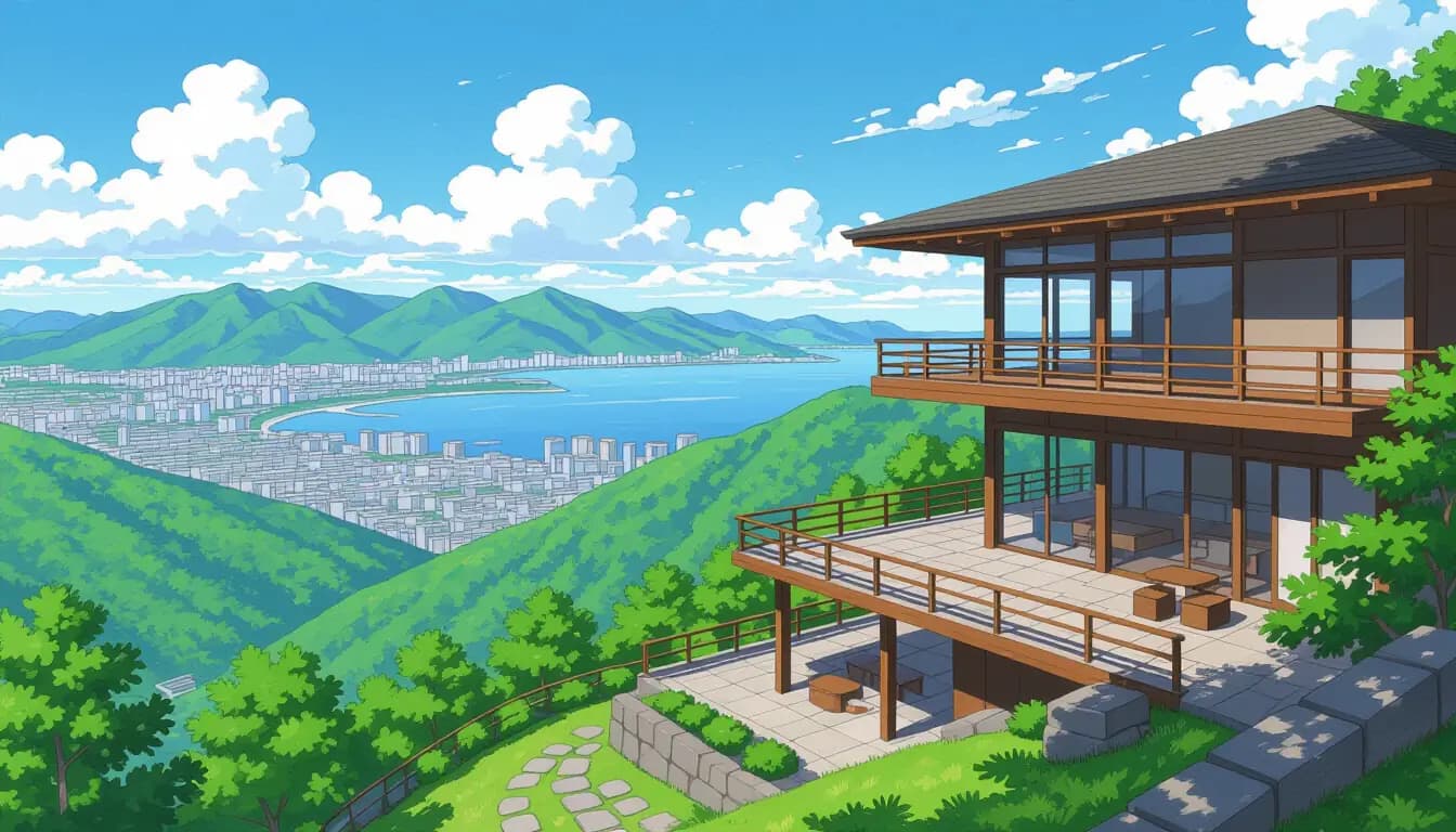 Kobe Rokko Mountain scenic view with villas and Osaka Bay in the background