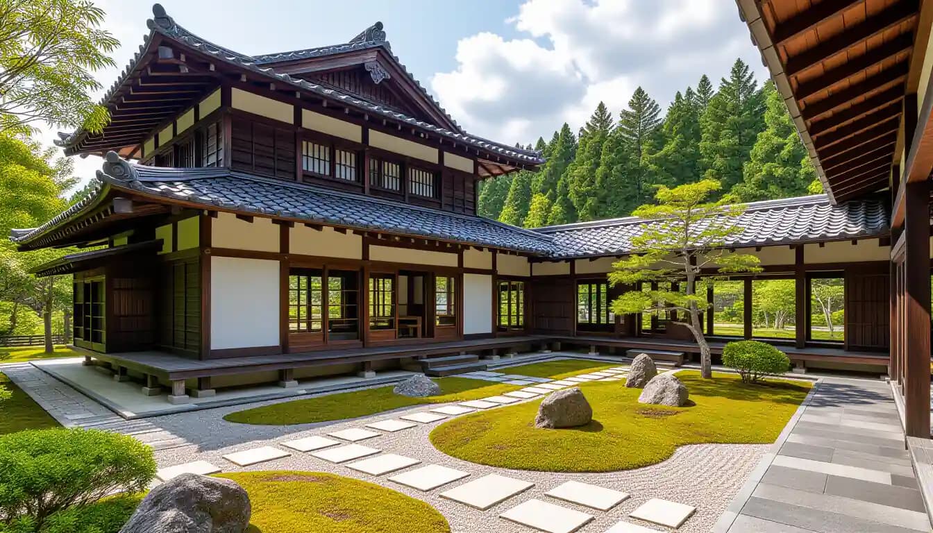 Renovated kominka interior with traditional wooden beams and modern amenities