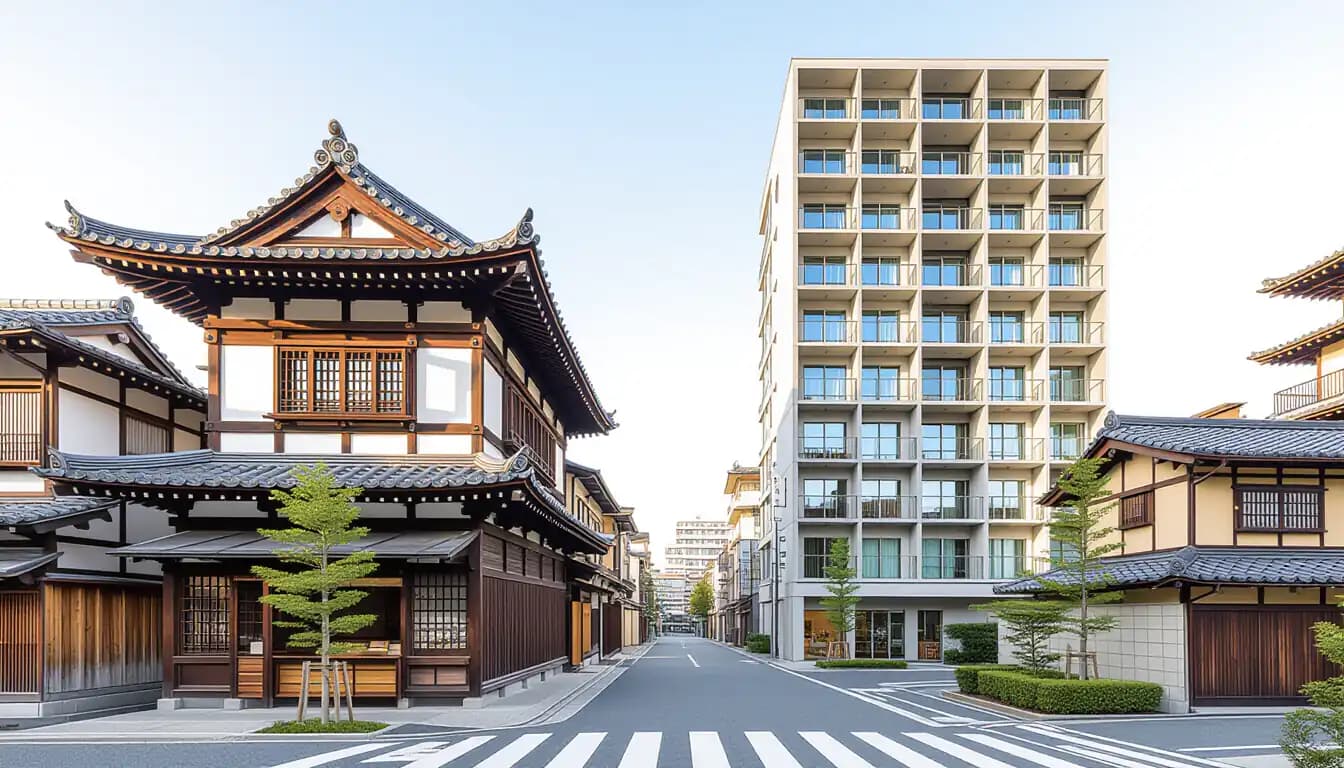 Kyoto traditional machiya townhouse versus Osaka modern apartment buildings comparison