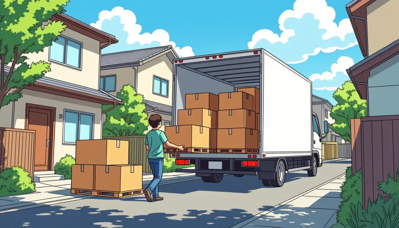 Japanese moving company workers carrying furniture out of an apartment building