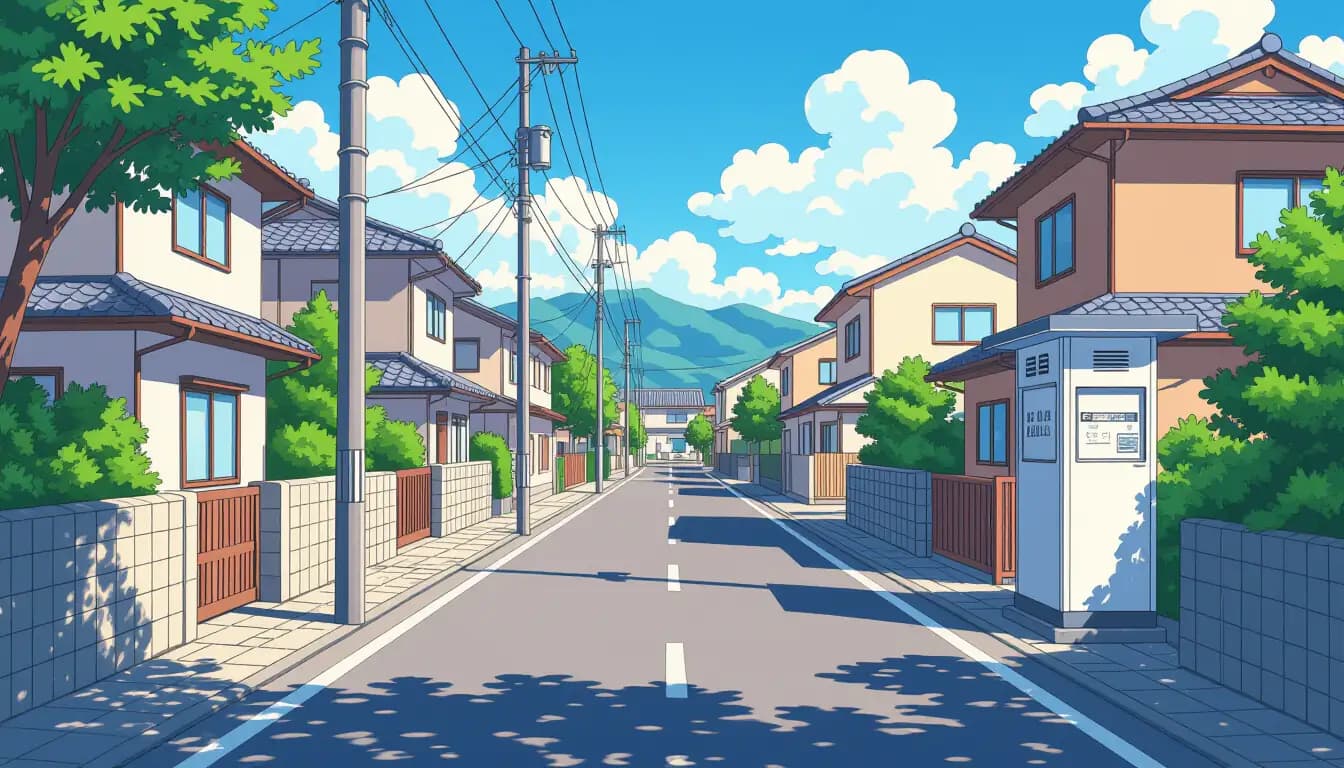 Residential street in Japan with neighborhood association notice board and well-maintained homes
