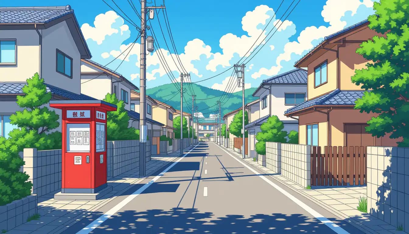 Safe residential neighborhood in Japan with koban police box and clean streets