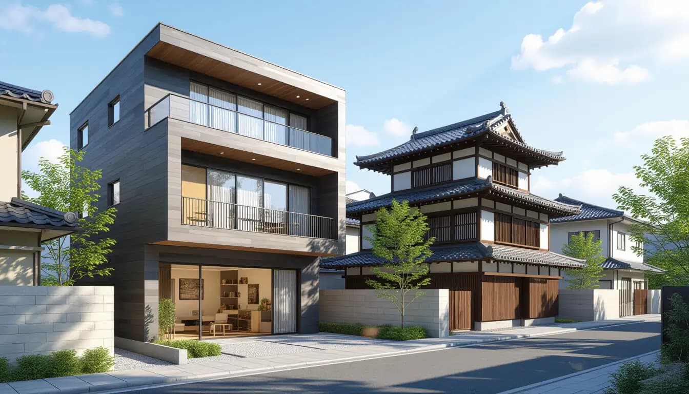 New construction apartment tower next to older residential buildings in Tokyo neighborhood