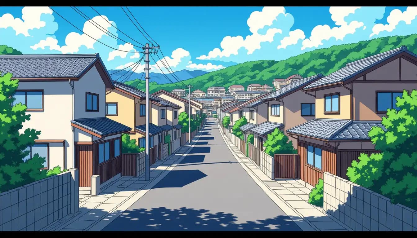 Quiet residential street in a Japanese neighborhood with traditional and modern houses
