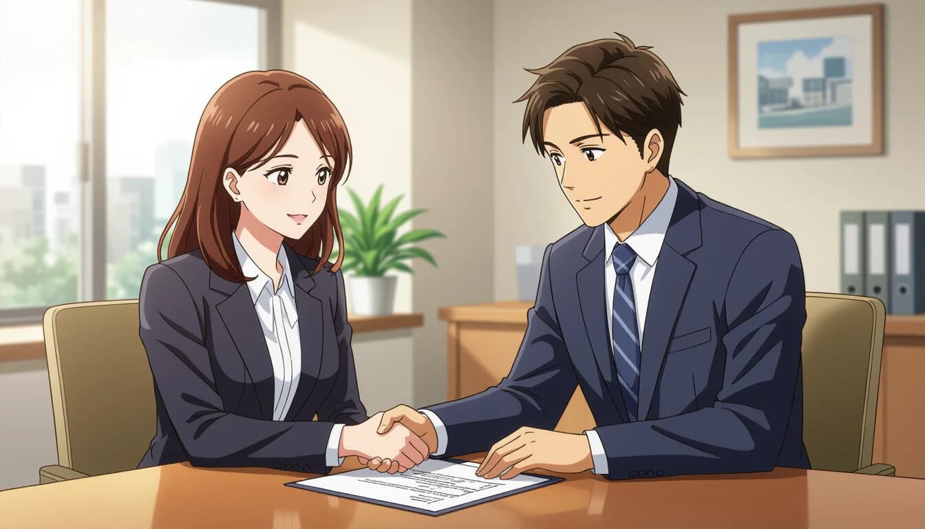 Property settlement meeting at a Japanese bank with buyer, seller, agent, and judicial scrivener