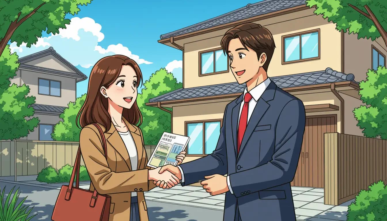 Foreign investor reviewing property documents with bilingual Japanese real estate agent