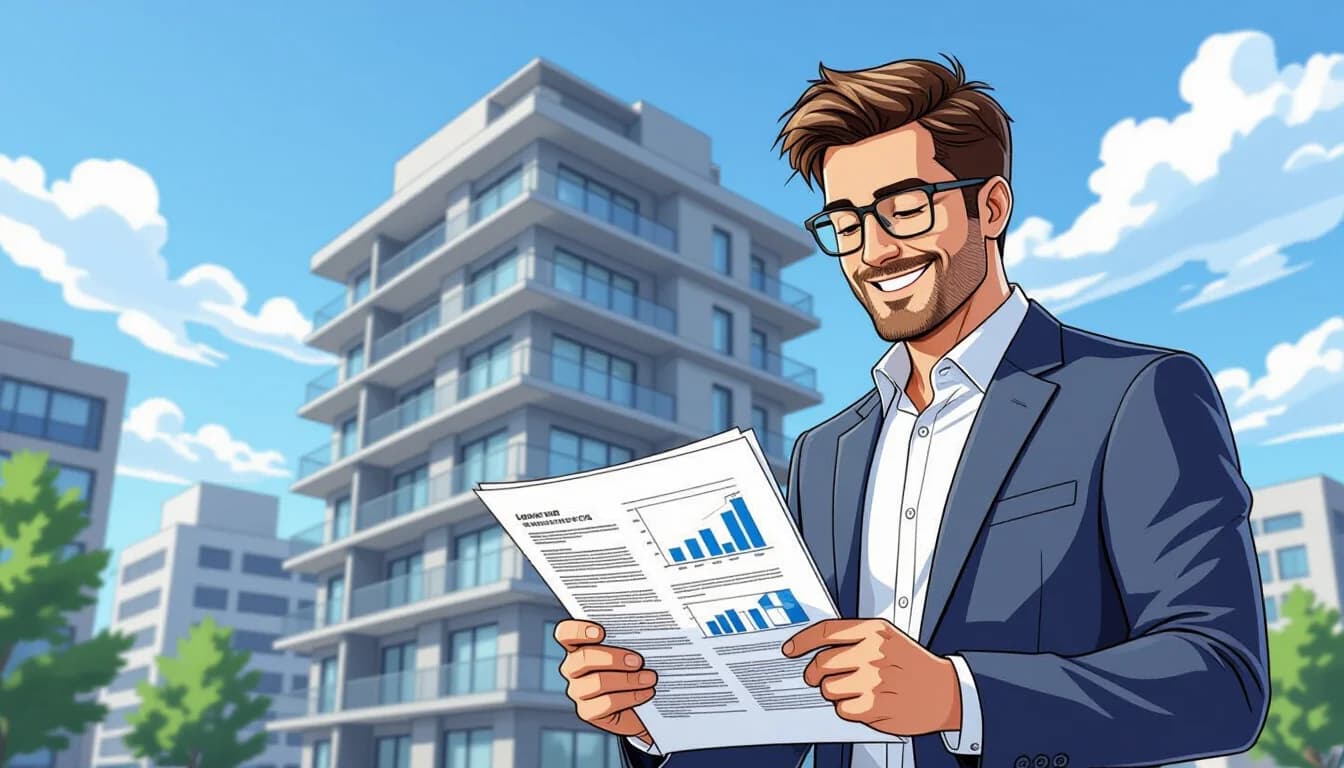 Foreign investor reviewing rental property documents in Japan with Tokyo skyline in background