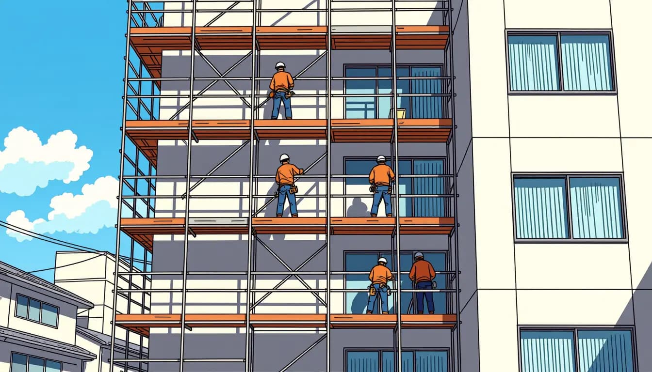 Japan condominium building exterior undergoing maintenance repairs with scaffolding