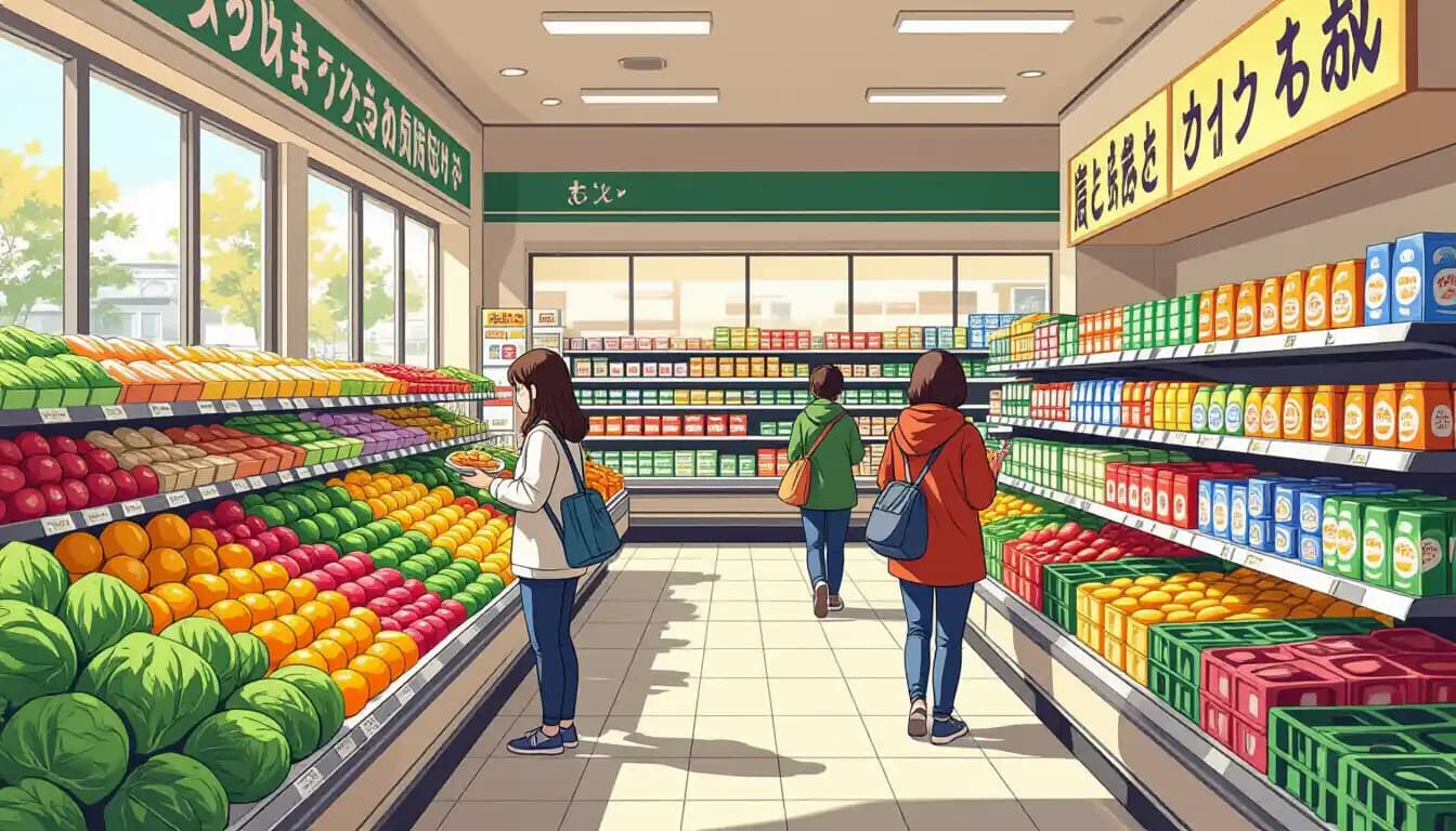 Japanese supermarket fresh produce section with colorful vegetables and foreign shoppers browsing the aisles