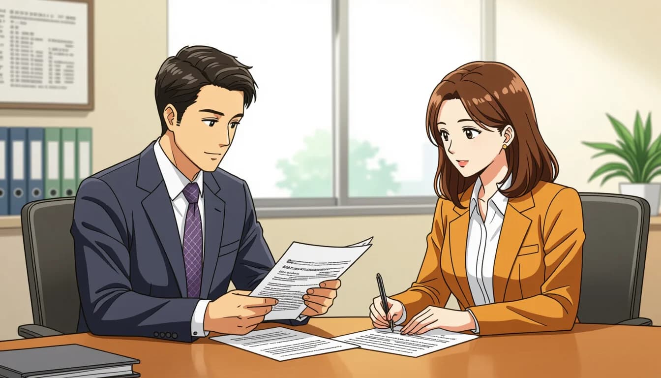 Foreign property owner reviewing Japanese tax documents with a tax accountant in a professional Tokyo office