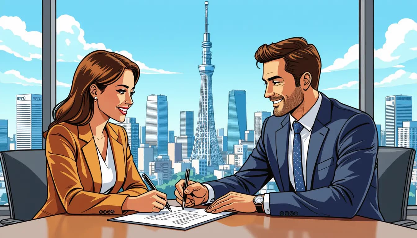 Foreign expat reviewing mortgage documents at a Tokyo bank branch with city skyline view