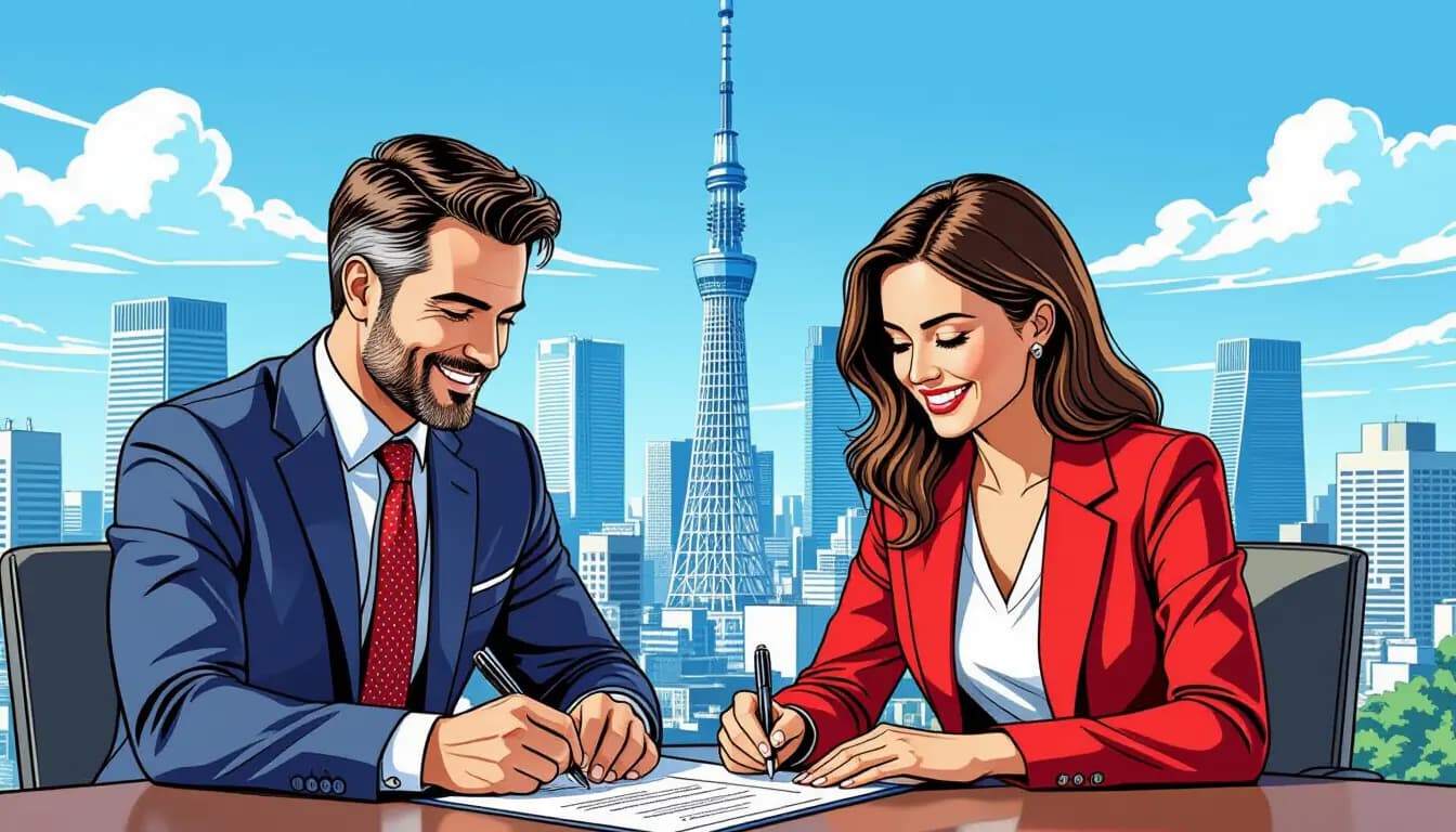 Tokyo Star Bank branch exterior with Japanese signage and foreigner consulting with bank advisor