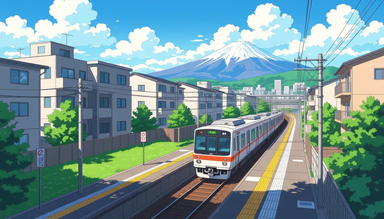 Tokyo suburban train station with commuters and modern apartment buildings in the background