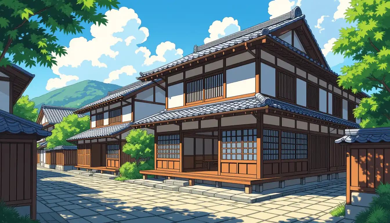 Interior of renovated machiya townhouse in Kyoto with traditional wooden beams and modern furnishings